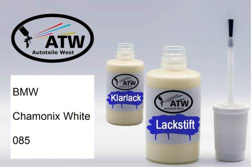 BMW, Chamonix White, 085: 20ml Lackstift + 20ml Klarlack - Set, von ATW Autoteile West.